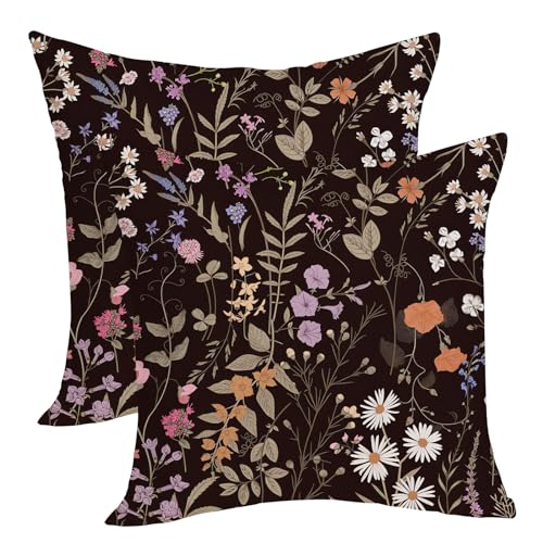 Spring Floral Pillow Covers 18x18 Pack of 2 Black Botanical Wildflower Herbs Throw Pillow Covers Outdoor,Summer Flower Plant Decorative Pillowcase Farmhouse Linen Cushion Case for Sofa Couch - color: Black Floral 1, size: 18" x 18" (Pack of 2)