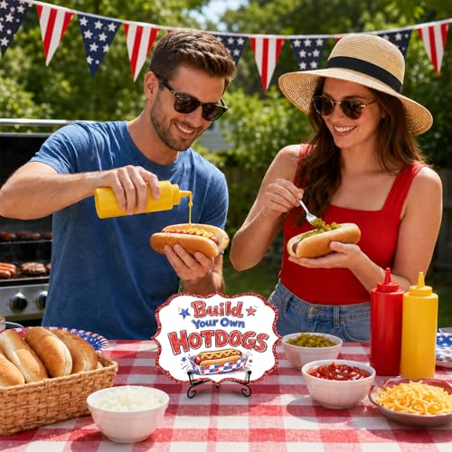 Wooden Patriotic Table Sign for Hot Dog Station, Fourth of July BBQ Buffet Decor with Metal Stand, 5 x 7 Inch Independence Day Food Display for Food Truck, Restaurant, Summer Party - A03 - color: DLR A03