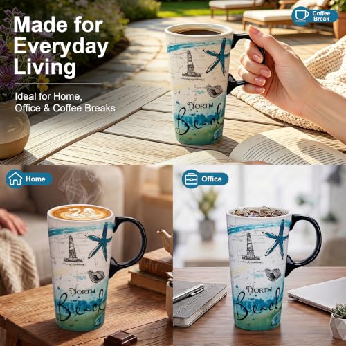 Topadorn 17oz Ceramic Travel Coffee Mug with Lid, Microwave Safe Tea Cup - color: North Beach