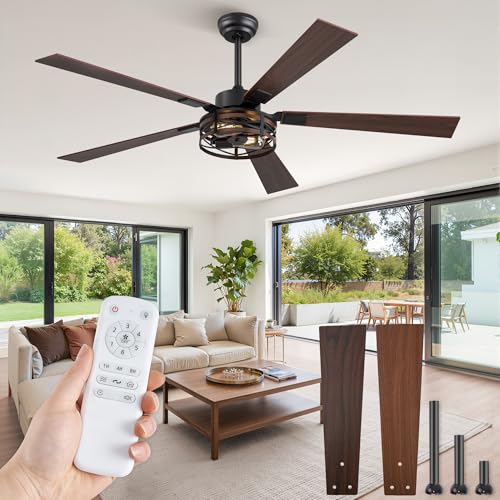 Fanbulous 60" Farmhouse Caged Ceiling Fan with Light & Remote, 6-Speed - color: Black and Walnut, size: 60 Inch
