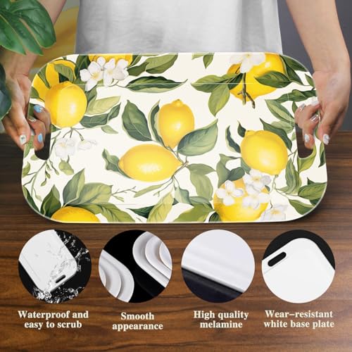 Serving Trays with Handles, 14.5 x 9.8 inch Rectangular Plastic Tray for Restaurant, Kitchen, Lemon and Leaves - color: Lemon and Lemon
