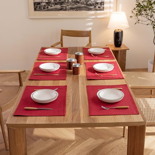 Demetex Placemats Set of 6 Red Linen Wipeable Place Mats Heat Resistant Cloth Placemats for Dining Table Restaurants Holiday, 13 x 19 inches, Wine Red - color: Red, size: Placemats set of 6