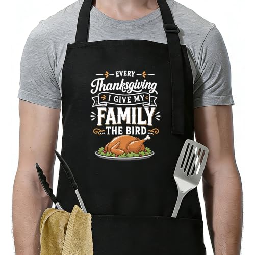 Funny Apron for Men Women,Humorous Kitchen Apron- Grilling Cooking BBQ Accessories, Gift for Dad Husband - color: Family the Bird