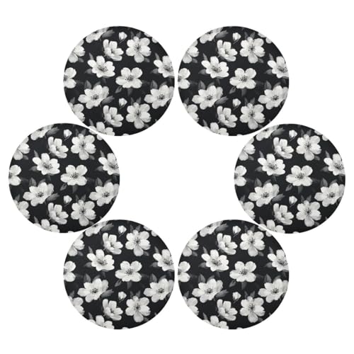 Black White Flowers Round Placemats Washable ‌Heat Resistant‌ ‌Non-Slip Place Mats Table Place Mat for Kitchen Dining - color: Black White Flowers, size: 15.4x15.4inx1