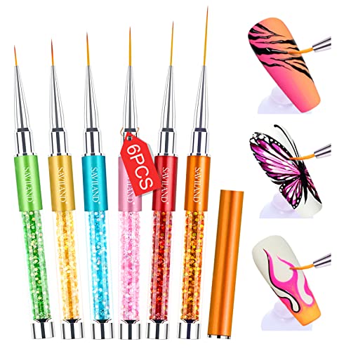 SAVILAND 6pcs Nail Art Brushes Diamond Rhinestone Handle for Fine Lines - color: B-Multicolor