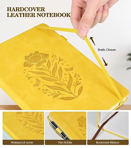 Lined Journal Notebook for Women, A5 Yellow Hardcover Leather Journals for Writing, 200 Pages Travel Daily Journal,Thick College Ruled Notebook for Work School, Note Taking, Business 5.75'' X 8.38'' - color: Yellow