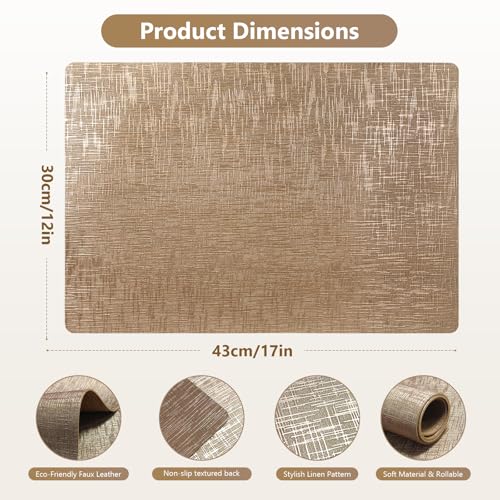 Faux Leather Placemats Set of 4, 12 x 17 Inch, Waterproof Wipeable Heat Resistant Non Slip Table Mats for Dining Table, Kitchen, Indoor Outdoor, Champagne Gold - color: Leather Champagne Gold