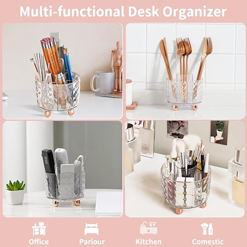 Rose Gold Desk Accessories, Office Supplies Desk Organizers 360°Pen Holder Acrylic Stapler Set, Phone Holder, Ballpoint Pen, Scissor, Binder Clips, Ruler, Transparent Glue, Sticky Note and Staples. - color: Rose Gold
