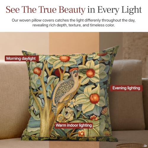 William Morris Woodpecker Right Tapestry Throw Pillow Cover 18 x 18 in - color: Black Woodpecker