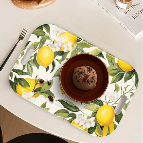 Serving Trays with Handles, 14.5 x 9.8 inch Rectangular Plastic Tray for Restaurant, Kitchen, Lemon and Leaves - color: Lemon and Lemon