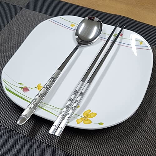 GARASANI Korean Traditional Cutlery Stainless Steel Spoons and Chopsticks Set (Silver Petal) - color: Silver Petal