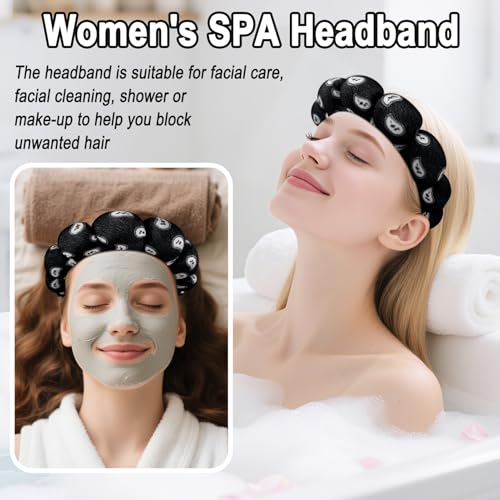 Zkptops Spa Headband for Washing Face Wristband Set Sponge Makeup SkincareVelvet Fabric Bubble Soft Get Ready Hairbands for Women Puffy Headwear Non Slip Thick Thin Hair Accessory (Black Nuts) - color: ZYI Nuts Black