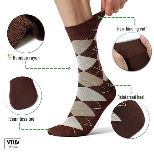 VRD Men's Dress Socks Bamboo Rayon, 5-Pack Crew Socks, Multiple Colors and Designs, Shoe Size 8-13, Gift Box - color: 07: Dark Brown, 5-pack Mix (2 Solid, 1 Striped, 1 Dotted, 1 Argyle)