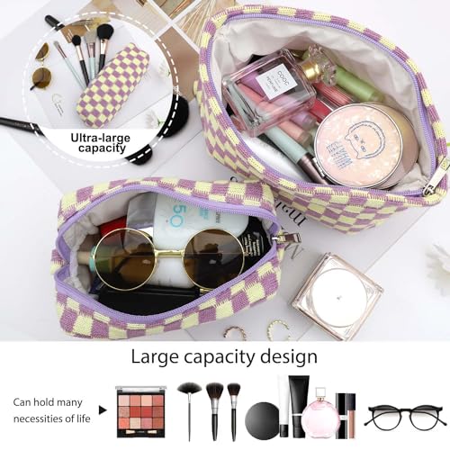 EIMMBD Makeup Bags 3 Pieces Large Capacity Checkered Cosmetic Bag Travel Toiletry Organizer Cute Makeup Pouch Storage for Women(Purple) - color: Purple