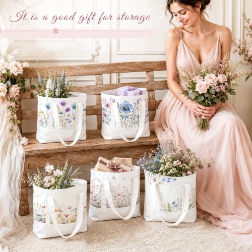 6 Pcs Mini Floral Bow Tote Bags for Women White Canvas Tote Bag Bulk Reusable Coquette Bags for Wedding Party Favor - color: Wildflower