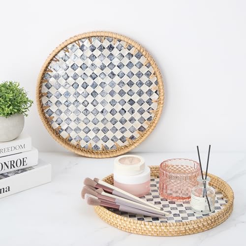 Round Rattan Tray with Mother of Pearl Inlay, Rattan Serving Tray with Wooden Base, Decorative Wicker Basket for Table Decor, Storage and Display of Coffee Bread Food Fruit (Checkerboard 11.8") - color: Checkerboard, size: 11.8"