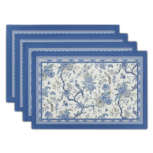 Giwawa 4PCs Chinoiserie Placemats Blue White Floral Birds Decorative Linen Table Mat 12"x18" Oriental Style Classic Flowers Heat Resistant Washable Place Mats for Kitchen Dining Party - color: Chinoiserie Bird