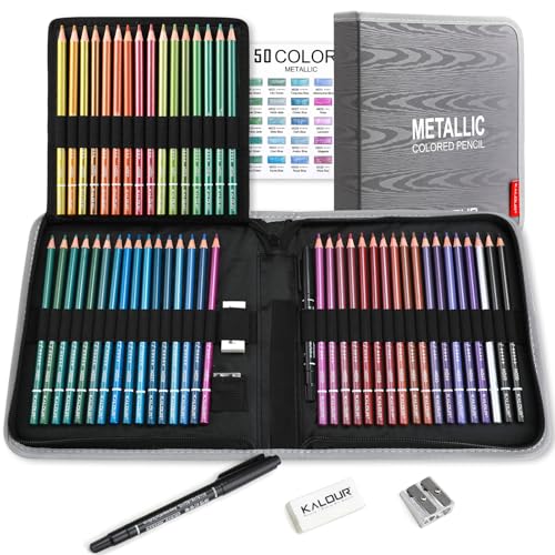 KALOUR PDAS 55 Piece Metallic Colored Pencils for Adults, Premium Artist Colored Pencils, Soft Core Coloring Pencils for Adult Coloring Books, Metallic Pencils Set for Drawing, Sketching, Blending