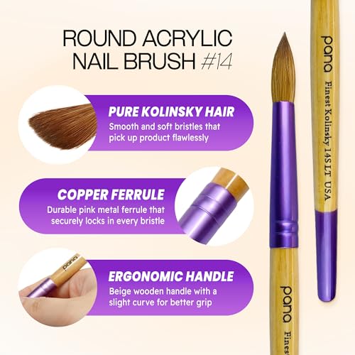 PANA Pure Kolinsky Hair Acrylic Nail Brush - Round Shape Purple Ferrule with Beige Wood Handle (Size 14) - Nail Brush for Acrylic Nail Application, Nail Extension, Manicure Pedicure Salon Beginner and - color: Beige, size: Size 14