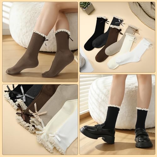 6 Pairs Womens Bow Socks, Ruffle Casual Crew Socks - color: Black,off‑white,beige,white,dark Gray,brown