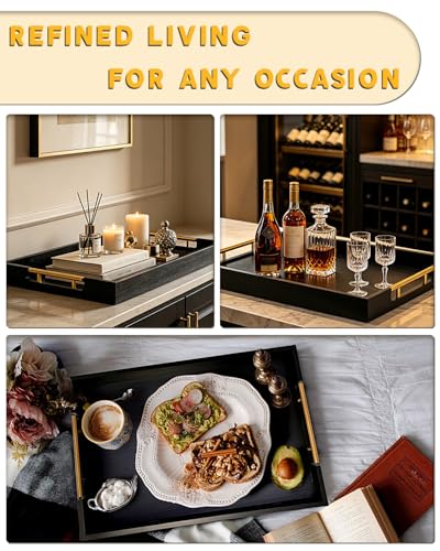22" x 15.75" Wooden Serving Tray with Handles, Black Ottoman Tray - color: Black
