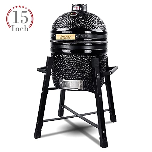 London Sunshine Ceramic Kamado Charcoal BBQ Grill and Smoker, Stainless Steel Grates -15" Ceramic with Tall Stand (BLACK) - color: Black