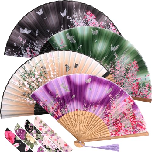 Zonon 4 Pack Hand Held Folding Fans for Women Silk,Forest Butterfly - style: Forest Butterfly