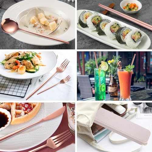 AARAINBOW 8 Pieces Stainless Steel Flatware Set Portable Reusable Cutlery Set Travel Utensils Set Including Chopsticks Knife Fork Spoon Straws Cleaning Brush Dishwasher Safe (Rose Golden) - color: Rose Golden