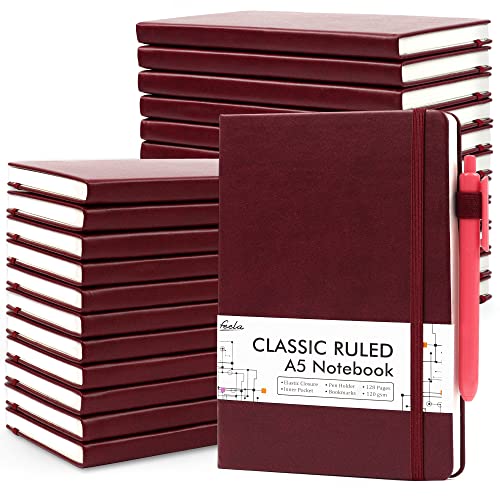 feela 24 Pack Journal Notebook for Work, Business Notebook Bulk Hardcover Lined Writing Journal with Pen Holder for Men Women Note Taking, with 24 Black Pens, 120 GSM, 5.1”x8.3”, A5, Wine - color: 24 Pack wine
