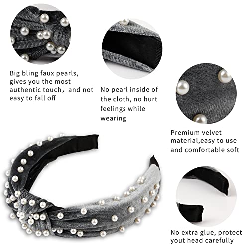 LOVNFC Womens Headbands 6 Pcs Knotted Head Bands No Slip Fashion for women Girls Wide Top Knot Turban Hair Bands Velvet Hair Hoops Hairband (gray blue pink) - color: Pure color with pearl B