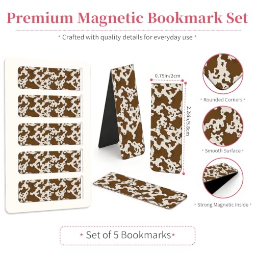 5 Pieces Magnetic Bookmarks, Cute Magnet Bookmark Clips, Colorful Page Markers for Books, Reading Supplies for Book Lovers, Women and Men Cute Brown Cow Print - color: Cute Brown Cow Print