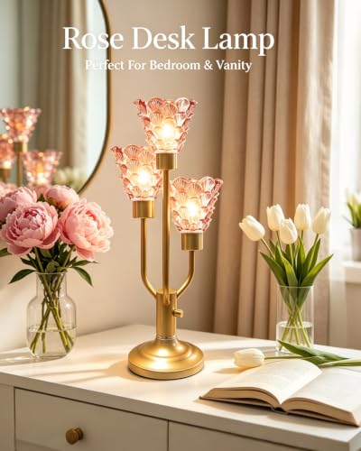 Lightdot Vintage Glass Table Lamp Dimmable Pink Lamp 3 Bulbs Included - color: 03-Gold-Pink-Shell