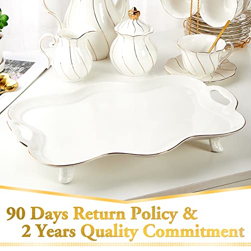 DUJUST Porcelain Serving Tray with Handles, Luxury British Style Coffee Table Tray with Golden Rim, Beautiful Tea Tray Decor for Living Room, Easy to Use & Clean - color: Golden Rim