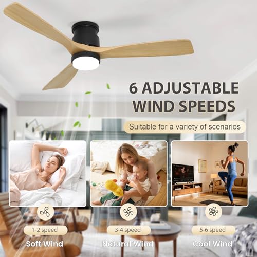 52inch Natural Wood Flush Mount Ceiling Fan with Light - color: Flush Mount - Natural wood