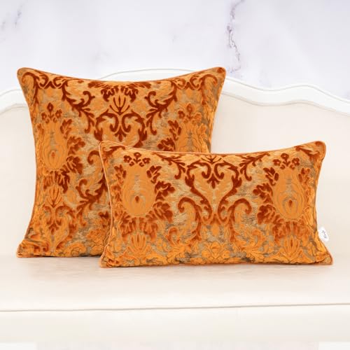 Alerfa Boho Orange Floral Throw Pillow Cover 20x20 Inch Cut Velvet Sqaure Luxury Embroidered Decorative Pillow Cover for Couch Living Room Bedroom - color: Orange, size: 20" x 20" (Pack of 1)
