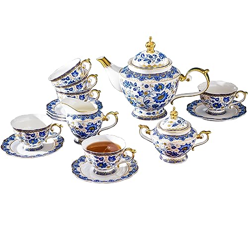 ACMLIFE Tea Set for Adults, Vintage Tea Sets, Bone China Tea Set, Tea Cup Set Porcelain Tea Set for 6, Floral Tea Cup Set With Teapot, 21 Pieces Tea Party Sets for Women Gift，Mother's Day (Blue) - color: Blue