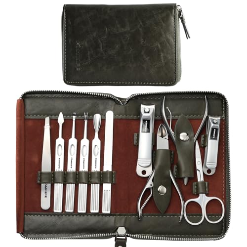 FAMILIFE Stainless Steel Manicure Set 11-in-1 Professional Nail Clipper Kit - color: Dark Green