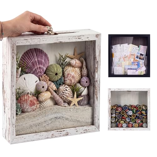 GraduationMall 8x8 Top Loading Shadow Box Frame with HD Glass,Wood Display Case with Slot,1.25 inches Interior Depth,Ideal for Wine Bottle Caps,Tickets,Shells,Stamps and More,White - color: Rustic White, size: 8x8