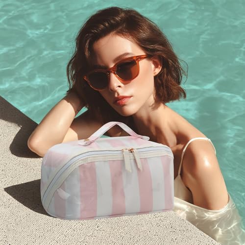 DYSHAYEN Travel Makeup Bag, White and Pink Striped - color: White-Pink