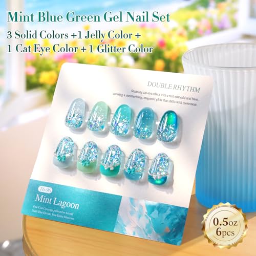 Double Rhythm 6 Pcs 15 ML Gel Polish Set Same Color Same Bottle Soak Off Cat Eye Glitter Gel Polish Kit Nail Art Manicure Salon DIY at Home for Women (Teal Mint Green-T6-96) - color: Mint Lagoon