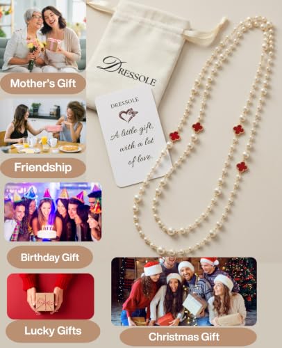 Long Pearl Necklace for Women Layered Lucky Clover Jewelry Gift - color: Red Clover