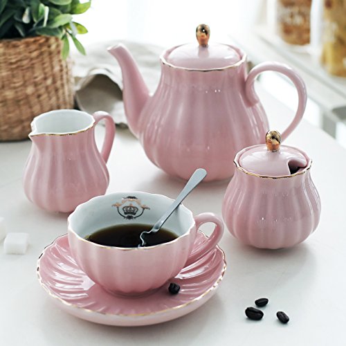 Sweejar Porcelain Tea Sets British Royal Series, 8 OZ Cups & Saucer Service for 6, with Teapot Sugar Bowl Cream Pitcher Teaspoons and Tea Strainer, Suitable for High Tea, Wedding, Party (Pink) - color: Pink