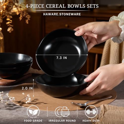 HaWare Cereal Bowls, 26oz Stoneware Serving Bowls Set of 4, for Salad Pasta - color: Matte Black