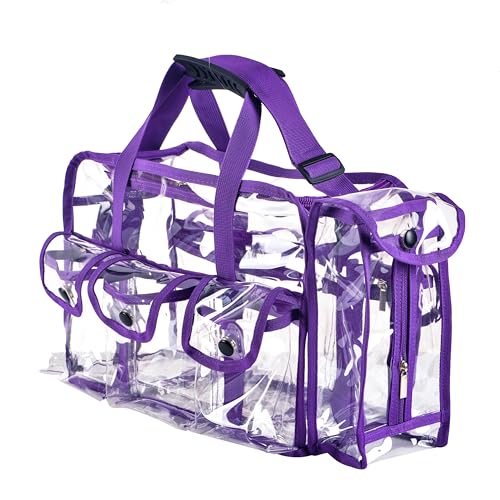 Wide Mouth Large Professional Clear PVC Travel Makeup Artist Set Bag Cosmetic Nails Beauty Bag Transparent Vinyl Tool Organizer Beach Bags Diaper Bags with 6 External Pockets & Strap (Purple) - color: Purple