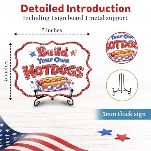 Wooden Patriotic Table Sign for Hot Dog Station, Fourth of July BBQ Buffet Decor with Metal Stand, 5 x 7 Inch Independence Day Food Display for Food Truck, Restaurant, Summer Party - A03 - color: DLR A03
