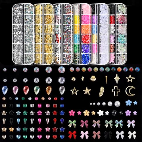 CUBLIVE Nail Charms Art Kit with 30 Sheets Gold Nail Stickers and 6 Boxes of Nails Gems with Manicure Art Tools for 3D Nails Supplies DIY Charms and Rhinestones