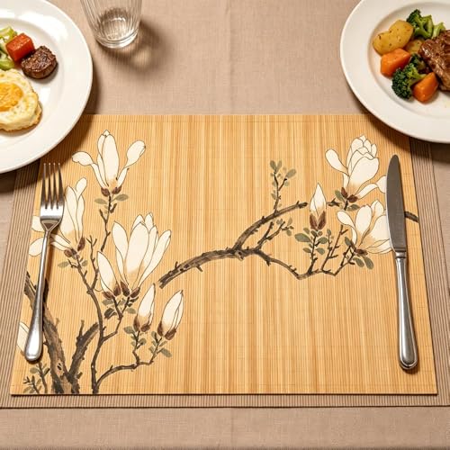 Bamboo Placemats Set of 4, Asian Style Table Mats Ancient Chinese Paintings Zen Floral Place Mats for Indoor Outdoor Kitchen Dining Table (Magnolia, Set of 4) - color: Magnolia