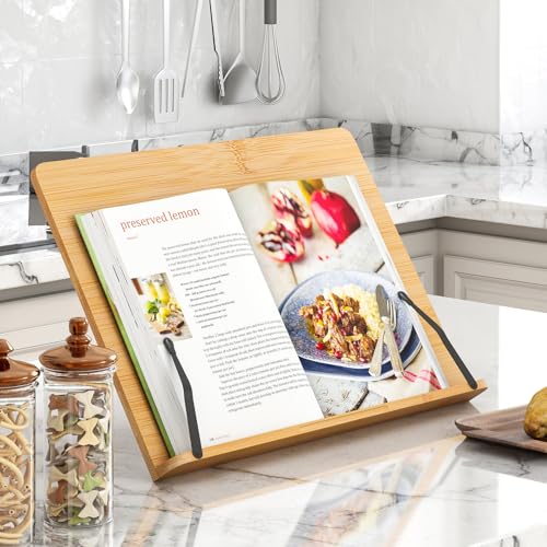 Bamboo Book Stand, Adjustable Reading Holder with Page Clips, Portable Lightweight Desk Stand for Textbooks, Cookbooks (Large)