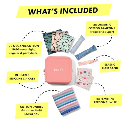 BONKS GoGo Kit - Teen Period Kit for Girls Ages 15-18 (L - XL) - Emergency Travel Hygiene Kit for Young Women - Includes Pads, Tampons, Underwear & More - style: Teen Period Kit L/XL (15-18)