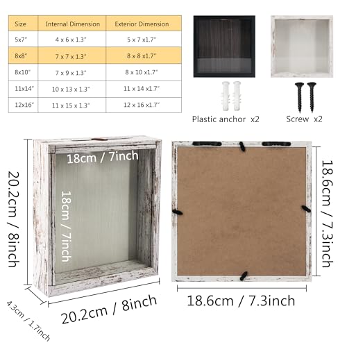 GraduationMall 8x8 Top Loading Shadow Box Frame with HD Glass,Wood Display Case with Slot,1.25 inches Interior Depth,Ideal for Wine Bottle Caps,Tickets,Shells,Stamps and More,White - color: Rustic White, size: 8x8